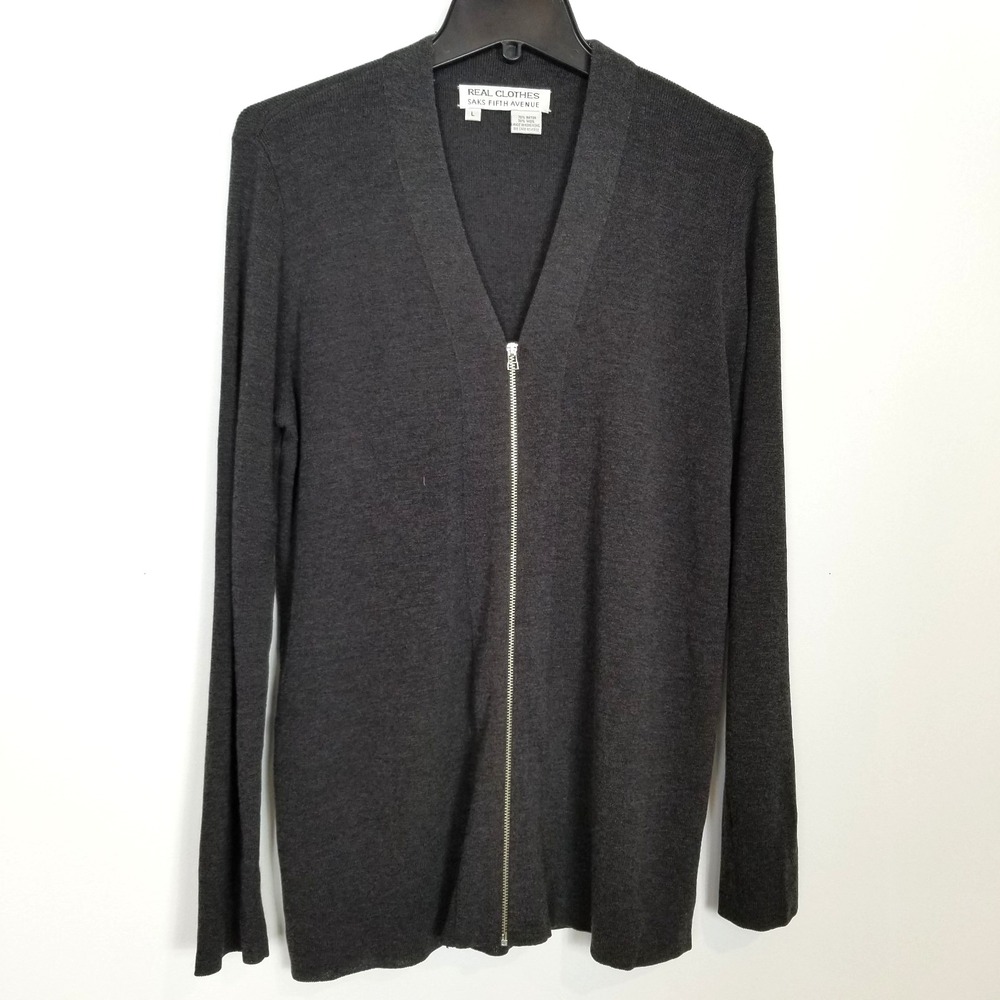 Real Clothes Saks Fifth Avenue‎ Cardigan Women Sz  L Gray Zip Up Wool Blend